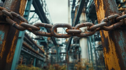 Closed factory gate with chain and padlock, symbolizing the end of an era and the transition to new beginnings. Industrial decline and the shift towards modernization and renewal.