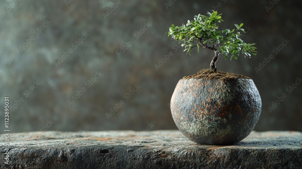 Poster bonsai tree in a rustic pot with textured background