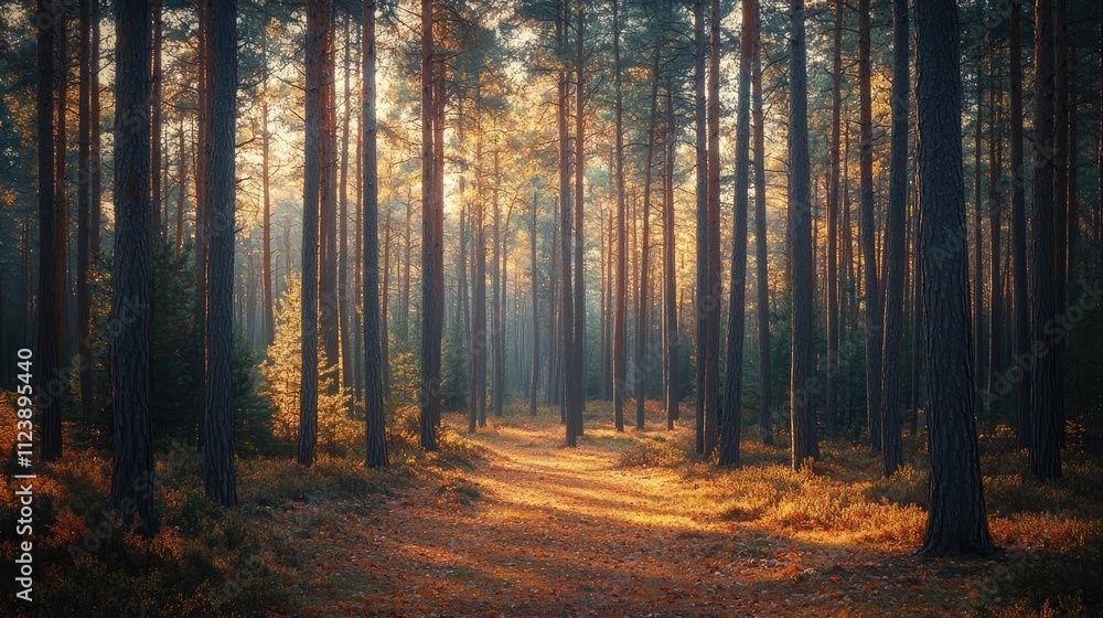 Poster a serene forest path illuminated by soft sunlight filtering through tall trees.