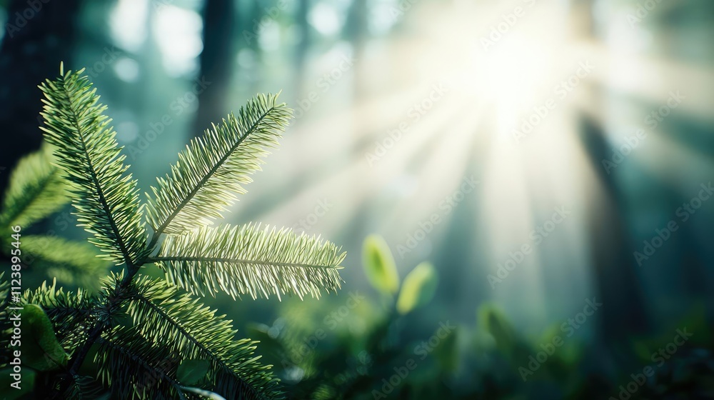Poster sunlight filtering through lush trees in a serene forest setting.