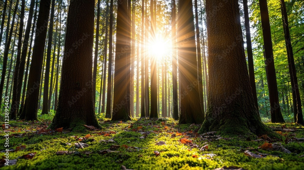 Aufkleber sunlight filters through tall trees, creating a serene forest atmosphere.