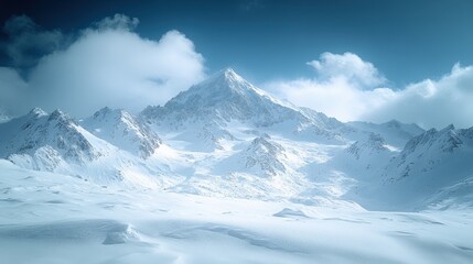 Obraz premium A serene winter landscape featuring a majestic snow-covered mountain under a cloudy sky.