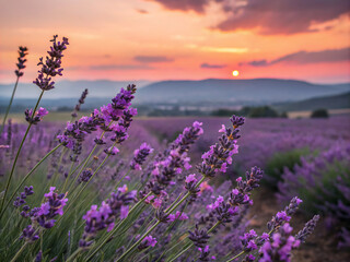 Fototapeta premium lavender field at sunset. lavender, flower, nature, purple, field, plant, flowers, summer, garden, herb, violet, meadow, blossom, landscape, aroma, bloom, color, agriculture, provence, beauty, farm, h