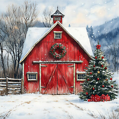 red barn in winter PNG. Christmas tree.