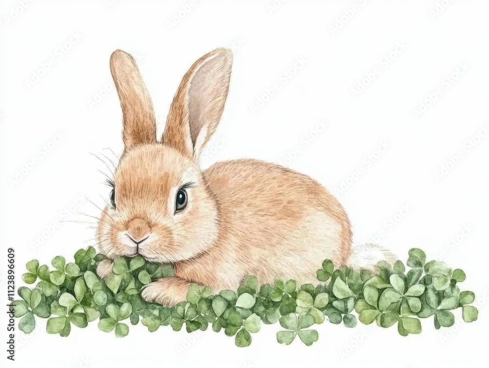 Poster delicate watercolor of a baby bunny sniffing a clover patch in a lush green forest meadow the rabbit