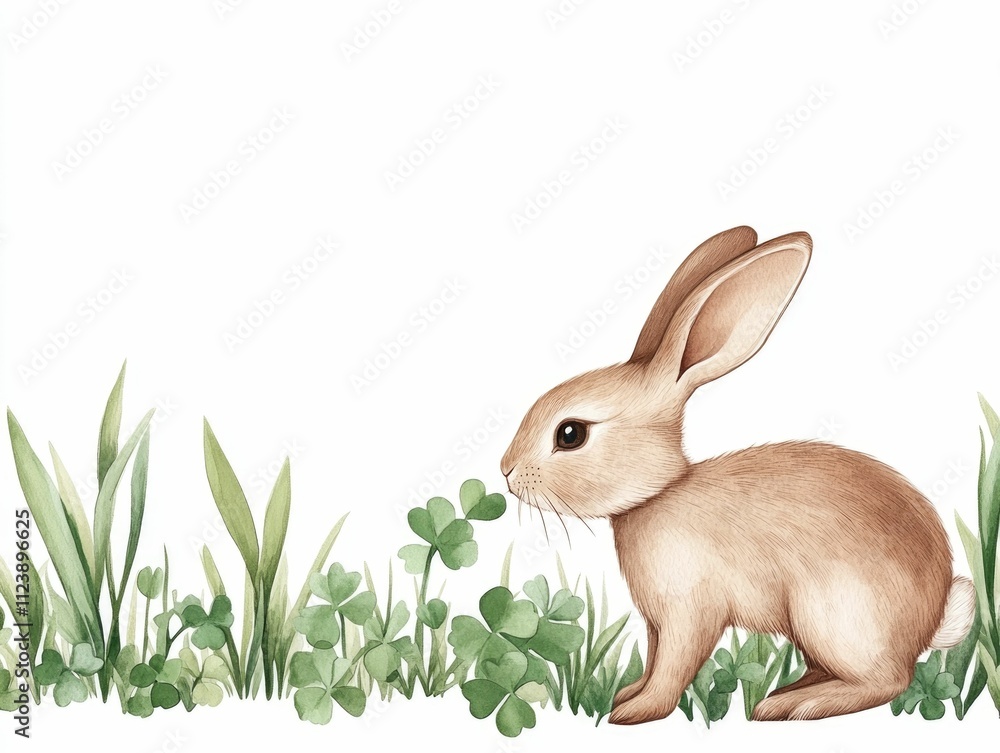 Poster a curious and adorable baby rabbit or bunny sniffing and exploring a patch of clover in a lush verda