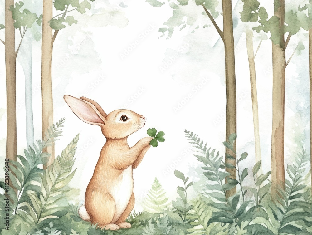Poster charming of a small rabbit or hare sniffing a clover patch in a serene lush forest meadow setting cr