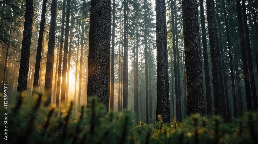Poster sunlight filtering through tall trees in a serene forest, creating a peaceful atmosphere.