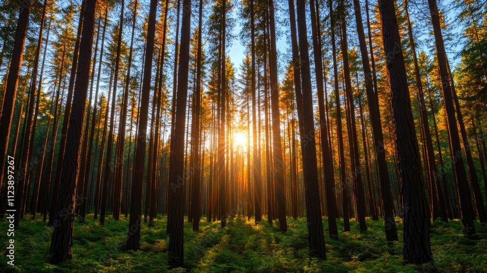Poster sunlight filters through tall trees in a serene forest, creating a peaceful atmosphere.