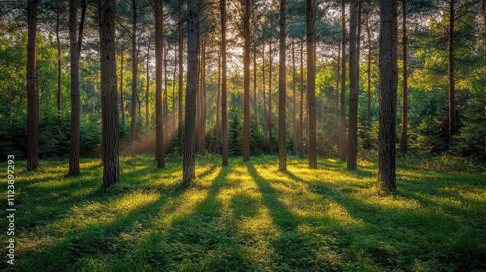 Poster sunlight filters through trees in a serene forest, casting beautiful shadows on the ground.