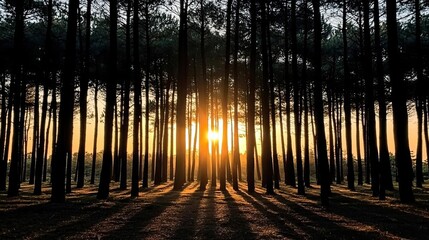 Obraz premium Dramatic sunset through a dense forest of tall trees creating beautiful shadows.