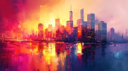 Naklejka premium Vibrant sunset over city skyline urban landscape digital art night