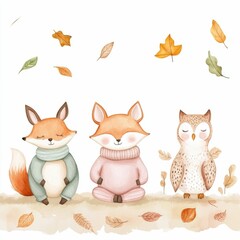 Fototapeta premium Charming watercolor depicting a harmonious scene of a baby deer fox and owl watching a golden sunset together in a tranquil cozy forest setting