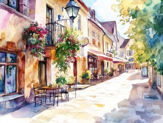 Obraz premium Watercolor painting, sunny European street scene, cafe.