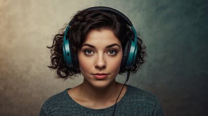 portrait of a woman wearing headphones listen to musik, a podcast or audiobooks. Looking at the camera in a photostudio