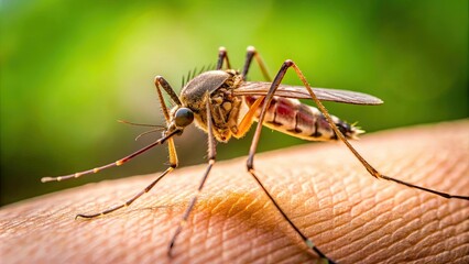Fototapeta premium Close up of a mosquito biting skin on an arm, mosquito, bite, close up, skin, arm, insect, blood, itch, irritation, pain, macro