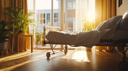 A serene recovery room bathed in warm sunlight, with a patient resting on a hospital bed.  The room is filled with soft, natural light, highlighting the peaceful
