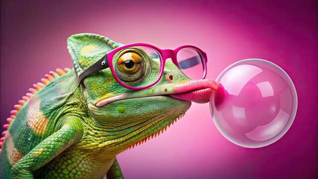Quirky chameleon in pink glasses blowing a bubble, chameleon, quirky, pink, glasses, blowing, bubble, fun, colorful, reptile