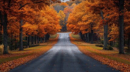 Obraz premium A serene autumn road lined with vibrant orange and yellow trees.