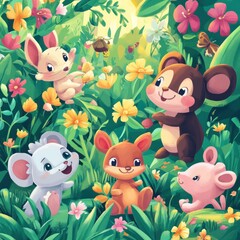 Naklejka premium Adorable animal friends playing in vibrant flowers.