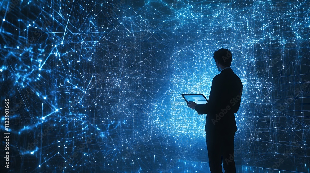 Poster businessman analyzing complex data network visualization on tablet