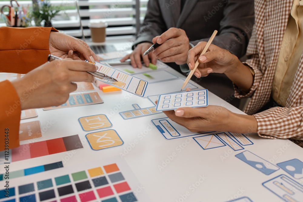 Poster process of creating an interface for a mobile app, user interface and experience concept, ux, ui, ux