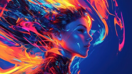 Naklejka premium Abstract portrait, vibrant colors, fiery hair.