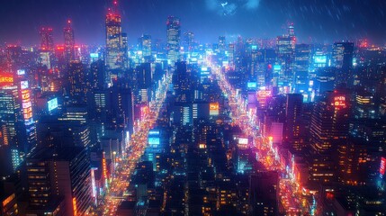 Fototapeta premium A vibrant cityscape illuminated by neon lights at night.