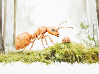 Naklejka premium Whimsical watercolor of a tiny ant carrying a small crumb over a lush mossy forest floor showcasing the intricate details and vibrant colors of this fantastical microcosm