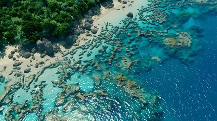 Obraz premium Aerial view of a tropical beach with clear waters and coral reefs.