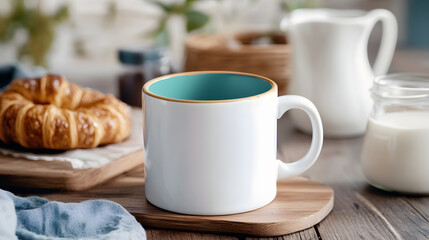 Fototapeta premium Simple White Coffee Mug on Wooden Table for mockup