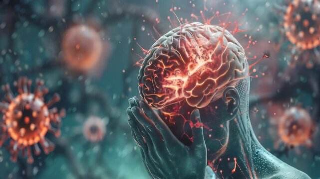 Neurological Sequelae of COVID-19: The Cognitive Impairment and Fatigue - Visualize a person with a highlighted brain affected by COVID-19, experiencing cognitive impairment and fatigue