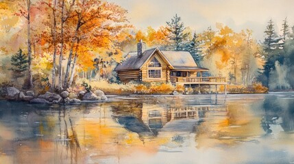 Fototapeta premium Autumnal log cabin reflected in calm lake.