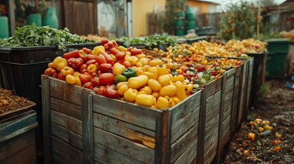 Obraz premium Colorful peppers and tomatoes overflowing from rustic wooden crates at an outdoor farm setting.
