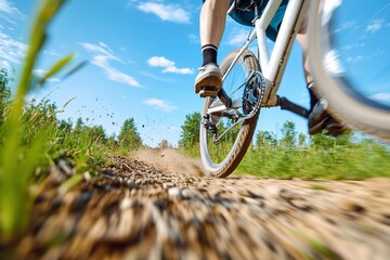 Naklejka premium Cyclist riding gravel bike on dirt road.