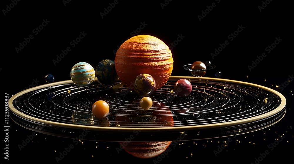 Poster artistic 3d render of a solar system model with planets on orbits