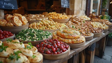 Fototapeta premium A wooden table displays various baked goods and prepared foods, including pastries, cheeses, and tomatoes, at an outdoor market stall.