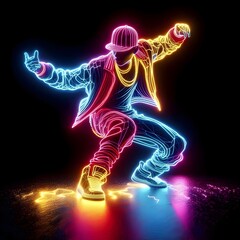 illustration of a hip-hop dancer in vibrant line style neon colors