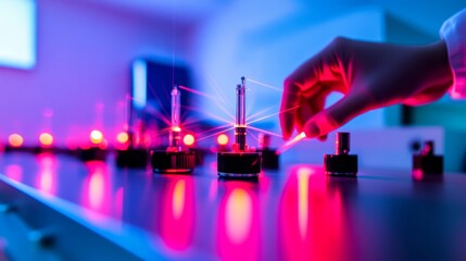 Obraz premium Advanced laboratory setup featuring precise laser equipment for cutting-edge scientific research and innovative technological advancements.
