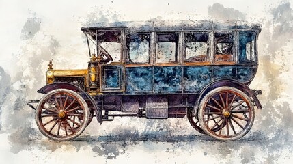 Obraz premium Antique Automobile Passenger Bus Watercolor Illustration