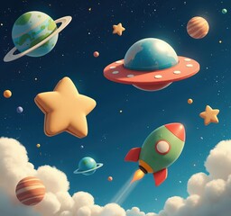Cartoon Rocket, Planets, and UFO in Space
