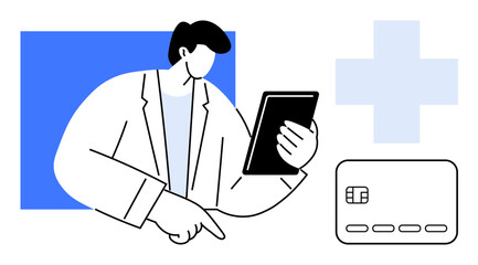 Healthcare professional using tablet while pointing at a digital health card. Ideal for medical technology, digital healthcare, telemedicine, electronic health records, patient management, healthcare