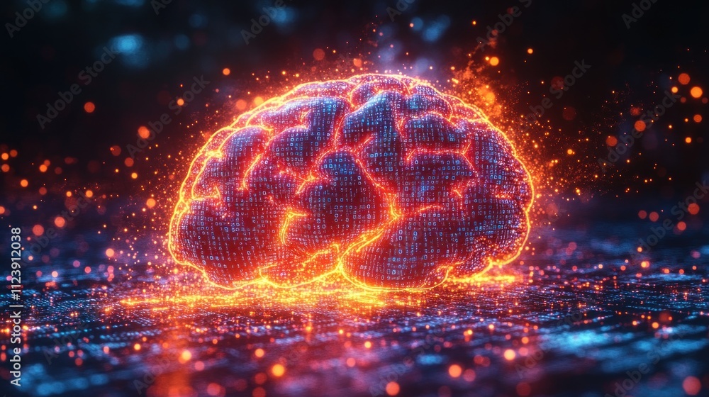 Aufkleber a glowing, digital representation of a brain with binary elements.