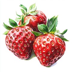 Watercolor Painting of Three Red Strawberries with Green Leaves