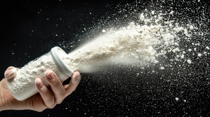 Hand Holding Jar Dispensing White Powder with Dark Background
