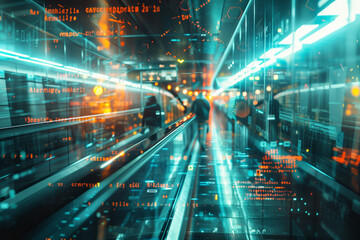 Futuristic subway train station with holographic Advanced Technology, Artificial intelligence public transportation. Efficiency and connectivity.