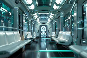 Fototapeta premium Futuristic subway creating an atmosphere of technology innovation. Artificial intelligence public transportation. Efficiency and connectivity.