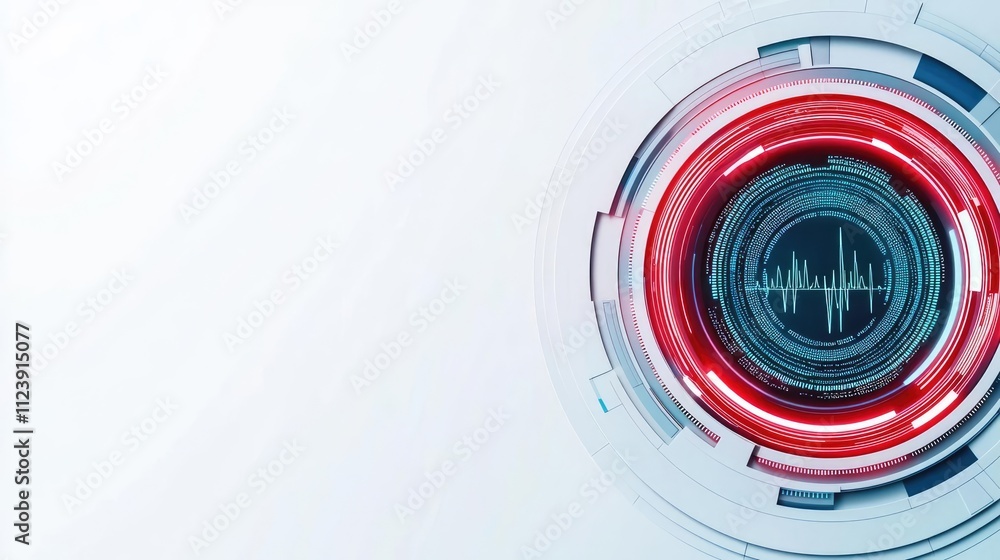 Poster futuristic technology design featuring circular patterns and a central waveform graphic.
