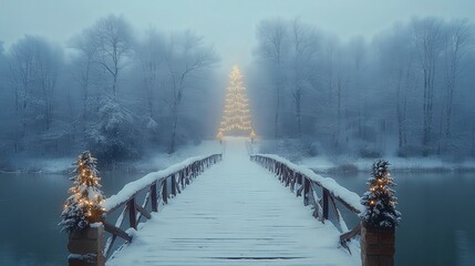 A serene winter scene featuring a snowy bridge leading to a glowing Christmas tree.