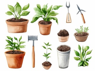 Obraz premium Stylized line art of various garden tools like spades forks trowels and rakes with earthy watercolor highlights creating a rustic and botanical aesthetic for garden nature or home decor designs